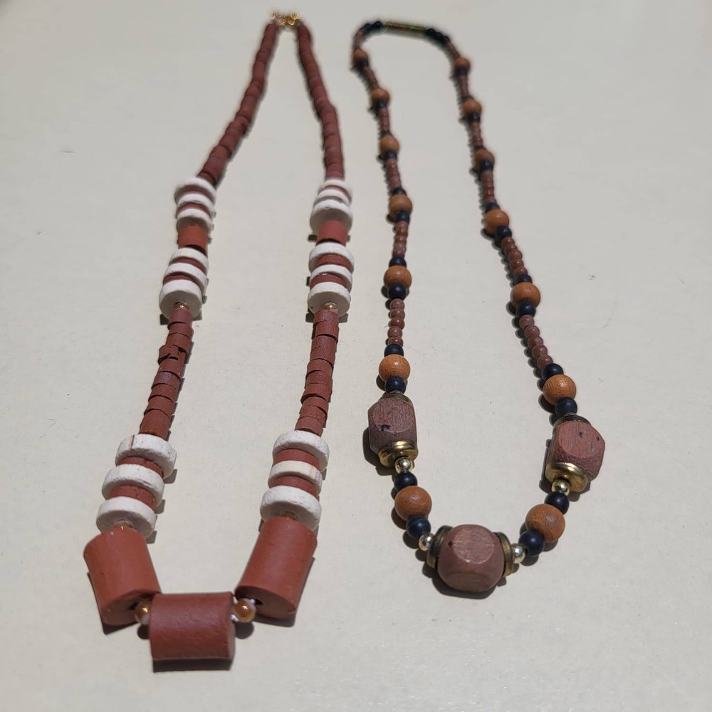 Vintage Clay and Wood Beaded Necklace Set Brown Earthy Boho